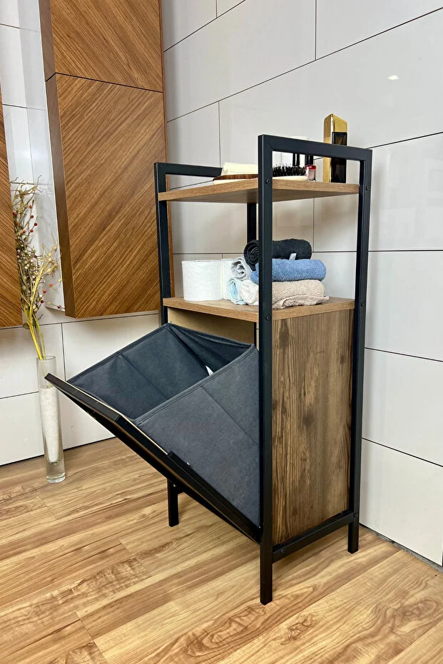 Milonsa Metal Ahşap Banyo Düzenleyici Çamaşır Sepeti - Kirli Sepeti Ahşap Banyo Dolabı - 2 Katlı Banyo Rafı